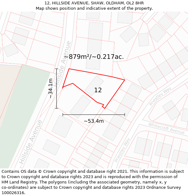 12, HILLSIDE AVENUE, SHAW, OLDHAM, OL2 8HR: Plot and title map