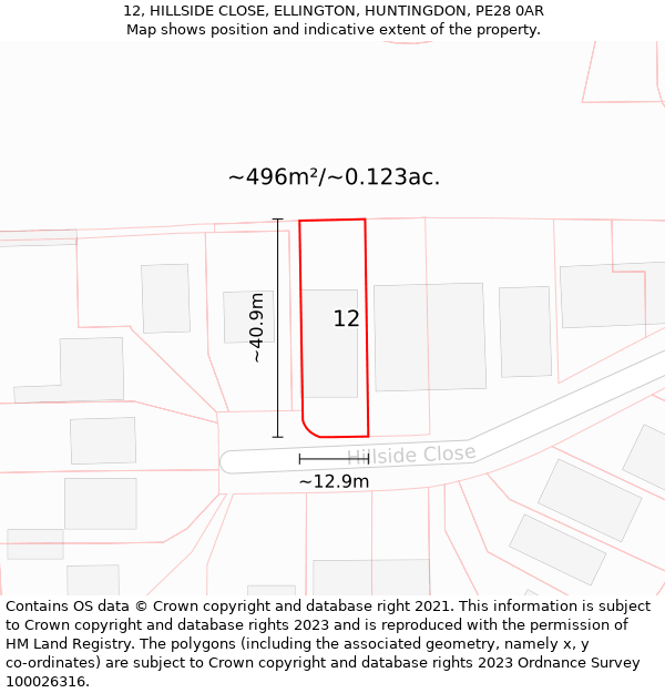 12, HILLSIDE CLOSE, ELLINGTON, HUNTINGDON, PE28 0AR: Plot and title map