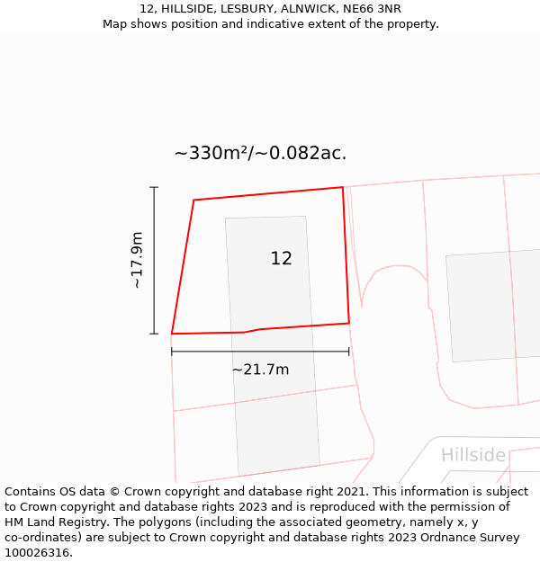 12, HILLSIDE, LESBURY, ALNWICK, NE66 3NR: Plot and title map