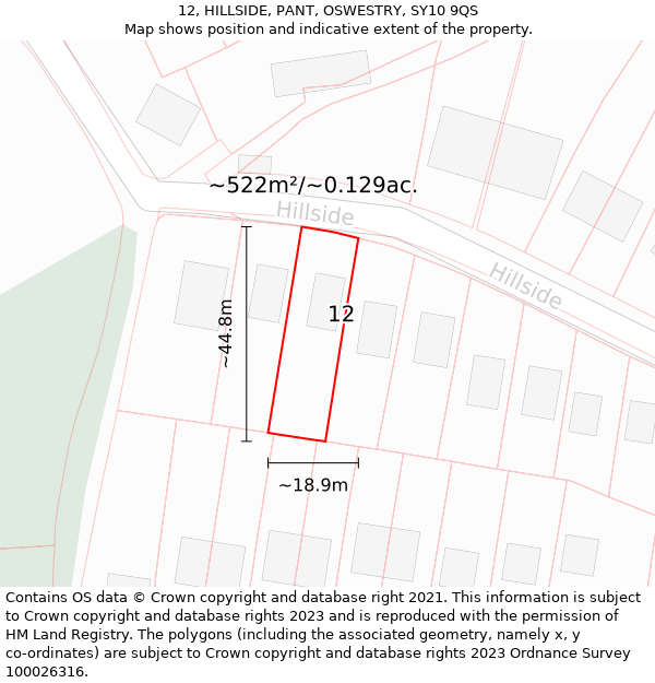 12, HILLSIDE, PANT, OSWESTRY, SY10 9QS: Plot and title map