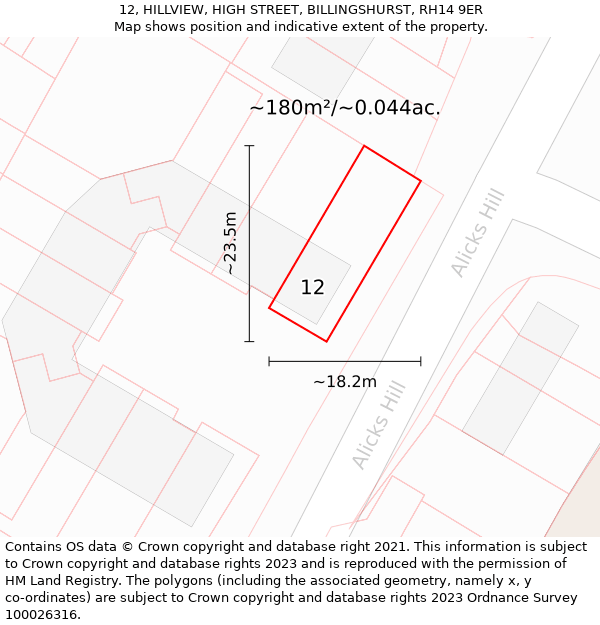 12, HILLVIEW, HIGH STREET, BILLINGSHURST, RH14 9ER: Plot and title map