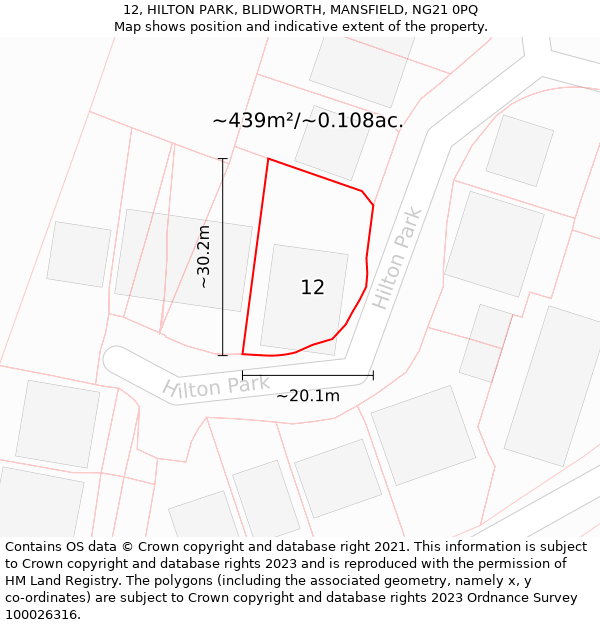 12, HILTON PARK, BLIDWORTH, MANSFIELD, NG21 0PQ: Plot and title map