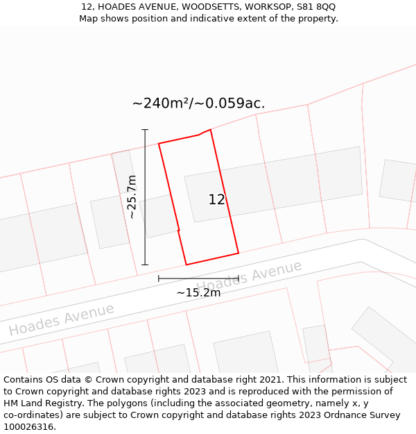 12, HOADES AVENUE, WOODSETTS, WORKSOP, S81 8QQ: Plot and title map