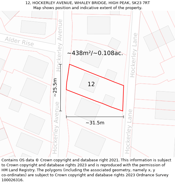 12, HOCKERLEY AVENUE, WHALEY BRIDGE, HIGH PEAK, SK23 7RT: Plot and title map