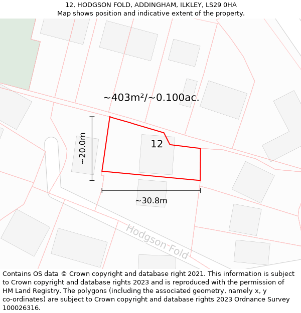 12, HODGSON FOLD, ADDINGHAM, ILKLEY, LS29 0HA: Plot and title map
