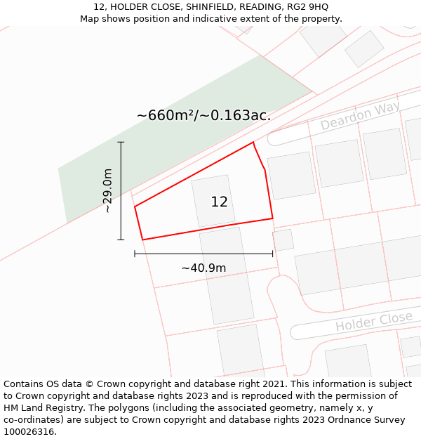 12, HOLDER CLOSE, SHINFIELD, READING, RG2 9HQ: Plot and title map