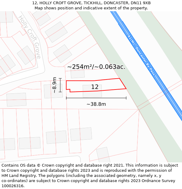 12, HOLLY CROFT GROVE, TICKHILL, DONCASTER, DN11 9XB: Plot and title map