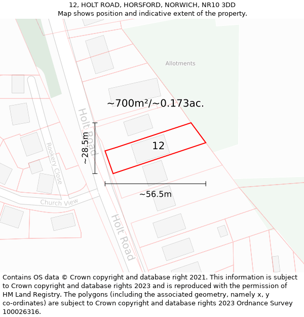 12, HOLT ROAD, HORSFORD, NORWICH, NR10 3DD: Plot and title map