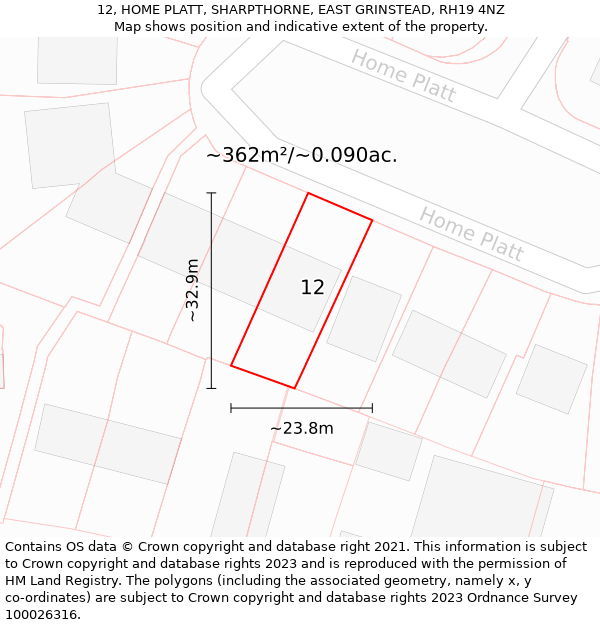 12, HOME PLATT, SHARPTHORNE, EAST GRINSTEAD, RH19 4NZ: Plot and title map