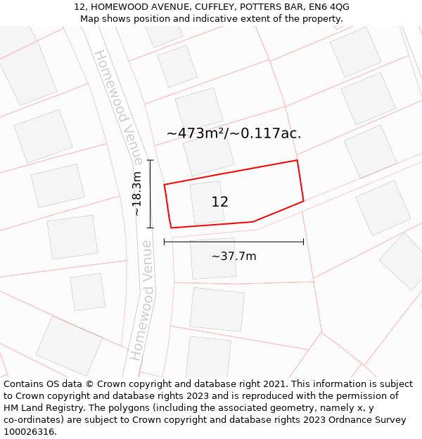 12, HOMEWOOD AVENUE, CUFFLEY, POTTERS BAR, EN6 4QG: Plot and title map