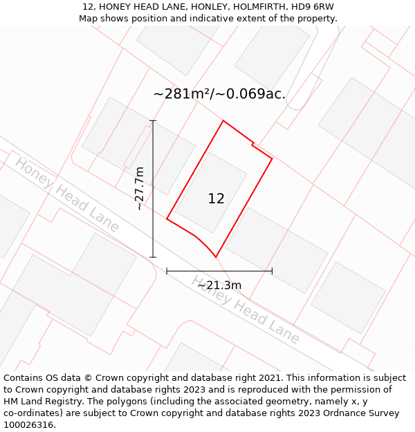 12, HONEY HEAD LANE, HONLEY, HOLMFIRTH, HD9 6RW: Plot and title map