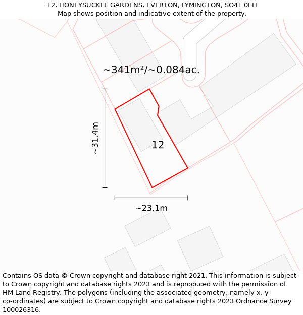 12, HONEYSUCKLE GARDENS, EVERTON, LYMINGTON, SO41 0EH: Plot and title map