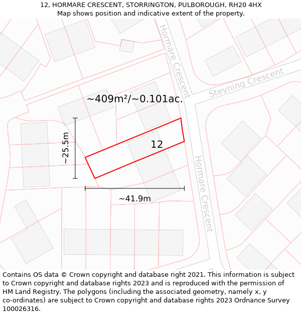 12, HORMARE CRESCENT, STORRINGTON, PULBOROUGH, RH20 4HX: Plot and title map