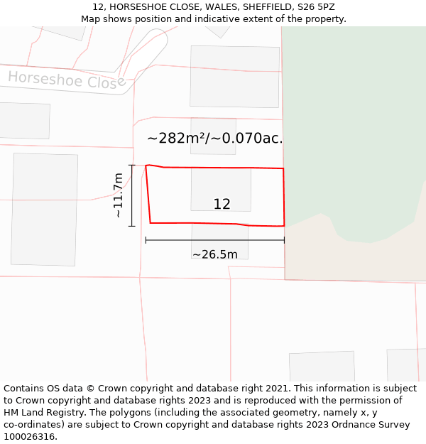 12, HORSESHOE CLOSE, WALES, SHEFFIELD, S26 5PZ: Plot and title map