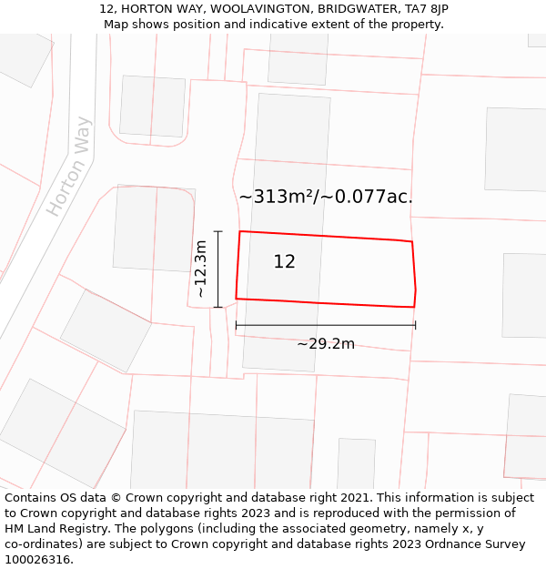 12, HORTON WAY, WOOLAVINGTON, BRIDGWATER, TA7 8JP: Plot and title map