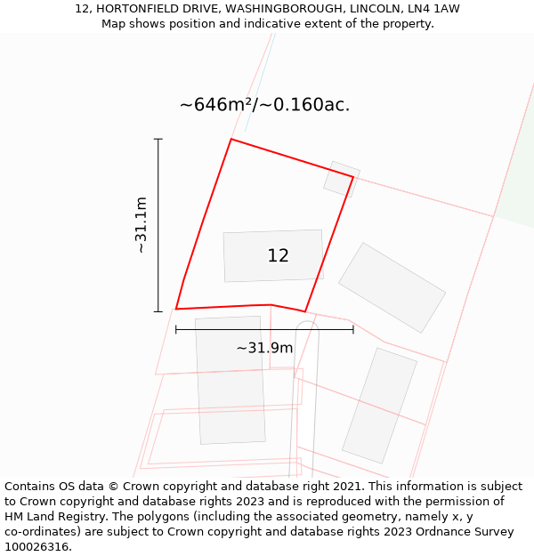 12, HORTONFIELD DRIVE, WASHINGBOROUGH, LINCOLN, LN4 1AW: Plot and title map