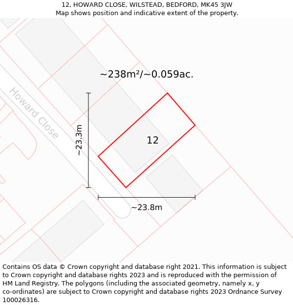 12, HOWARD CLOSE, WILSTEAD, BEDFORD, MK45 3JW: Plot and title map