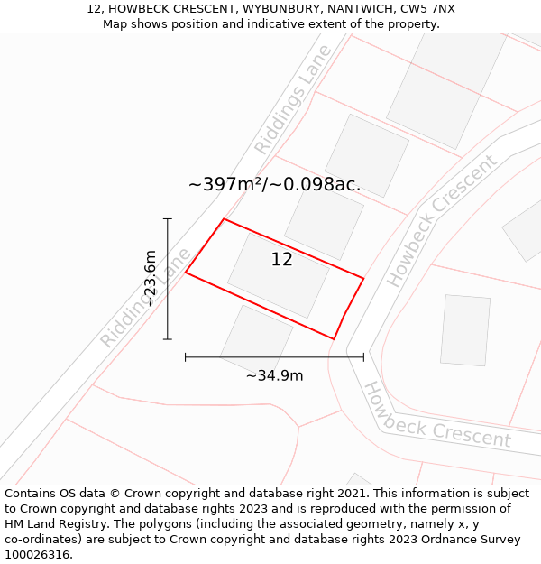 12, HOWBECK CRESCENT, WYBUNBURY, NANTWICH, CW5 7NX: Plot and title map