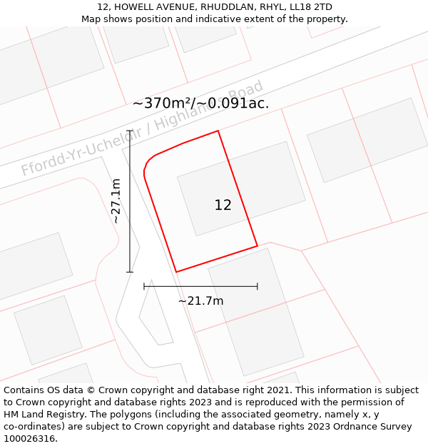 12, HOWELL AVENUE, RHUDDLAN, RHYL, LL18 2TD: Plot and title map