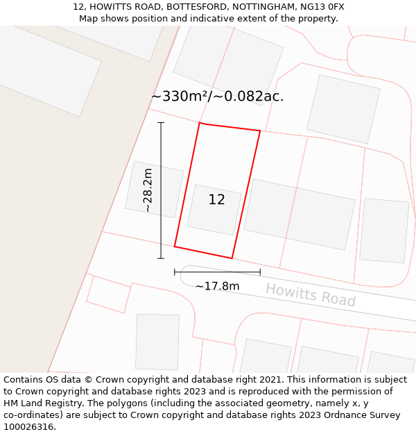 12, HOWITTS ROAD, BOTTESFORD, NOTTINGHAM, NG13 0FX: Plot and title map