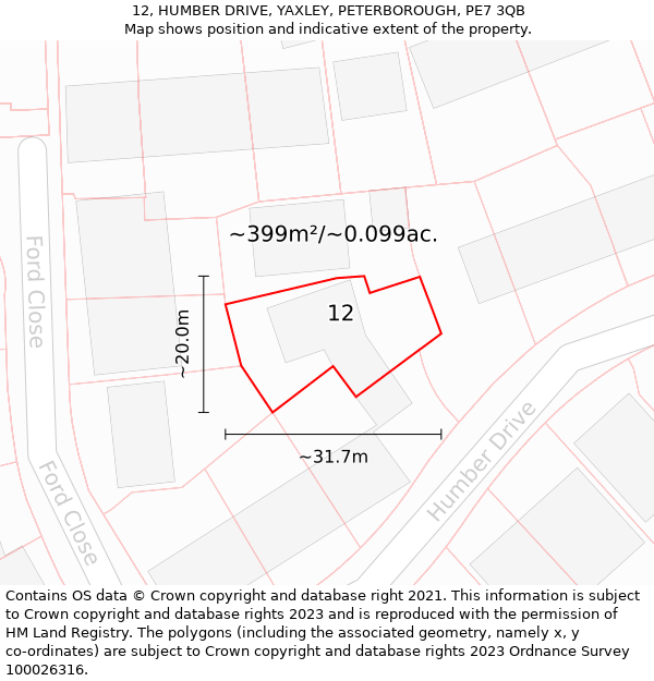 12, HUMBER DRIVE, YAXLEY, PETERBOROUGH, PE7 3QB: Plot and title map