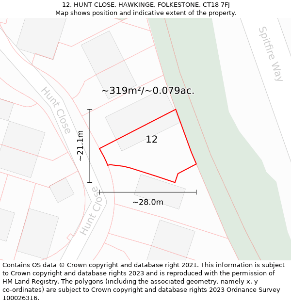 12, HUNT CLOSE, HAWKINGE, FOLKESTONE, CT18 7FJ: Plot and title map