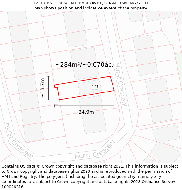 12, HURST CRESCENT, BARROWBY, GRANTHAM, NG32 1TE: Plot and title map