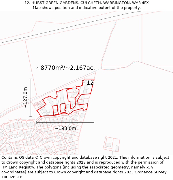 12, HURST GREEN GARDENS, CULCHETH, WARRINGTON, WA3 4FX: Plot and title map