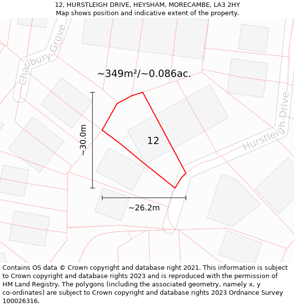 12, HURSTLEIGH DRIVE, HEYSHAM, MORECAMBE, LA3 2HY: Plot and title map