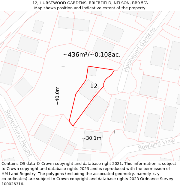 12, HURSTWOOD GARDENS, BRIERFIELD, NELSON, BB9 5FA: Plot and title map