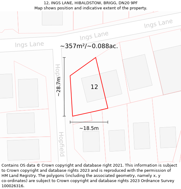 12, INGS LANE, HIBALDSTOW, BRIGG, DN20 9PF: Plot and title map