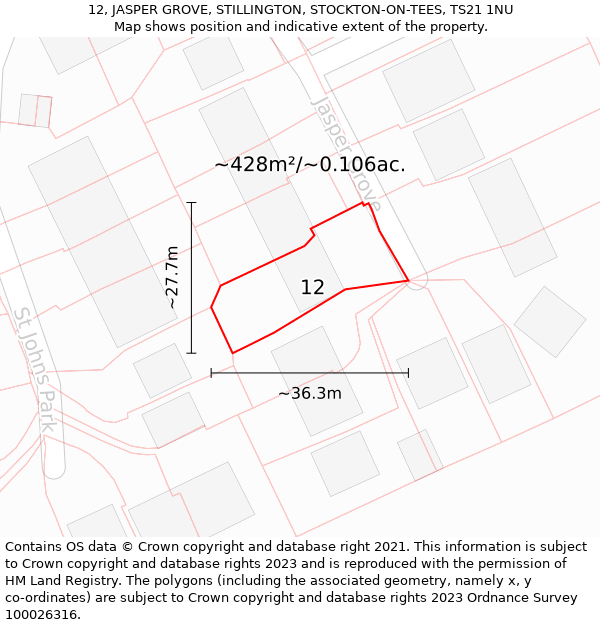 12, JASPER GROVE, STILLINGTON, STOCKTON-ON-TEES, TS21 1NU: Plot and title map