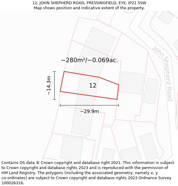 12, JOHN SHEPHERD ROAD, FRESSINGFIELD, EYE, IP21 5SW: Plot and title map