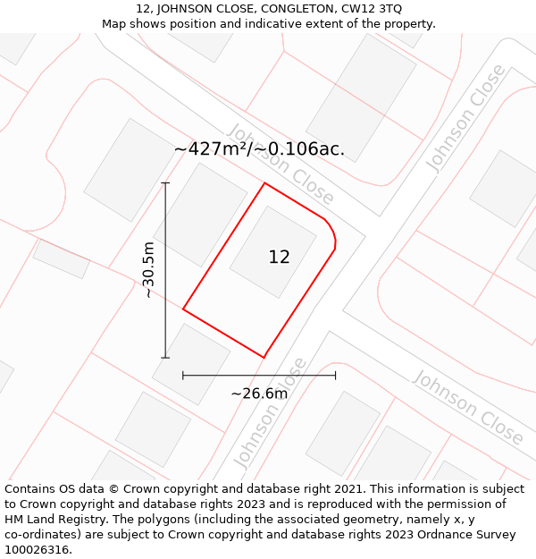 12, JOHNSON CLOSE, CONGLETON, CW12 3TQ: Plot and title map