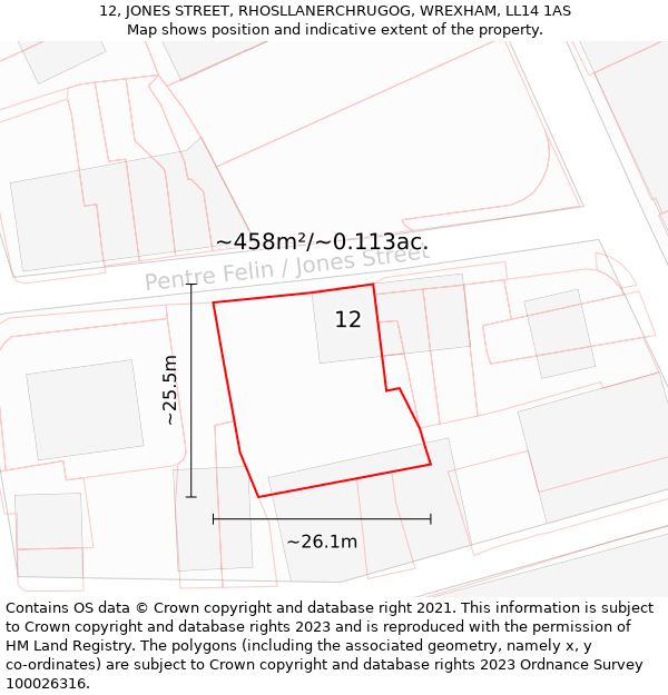 12, JONES STREET, RHOSLLANERCHRUGOG, WREXHAM, LL14 1AS: Plot and title map