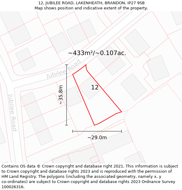 12, JUBILEE ROAD, LAKENHEATH, BRANDON, IP27 9SB: Plot and title map