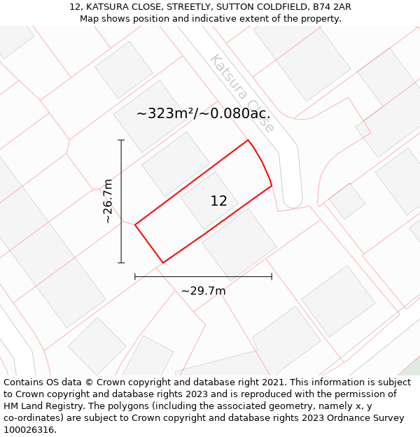 12, KATSURA CLOSE, STREETLY, SUTTON COLDFIELD, B74 2AR: Plot and title map