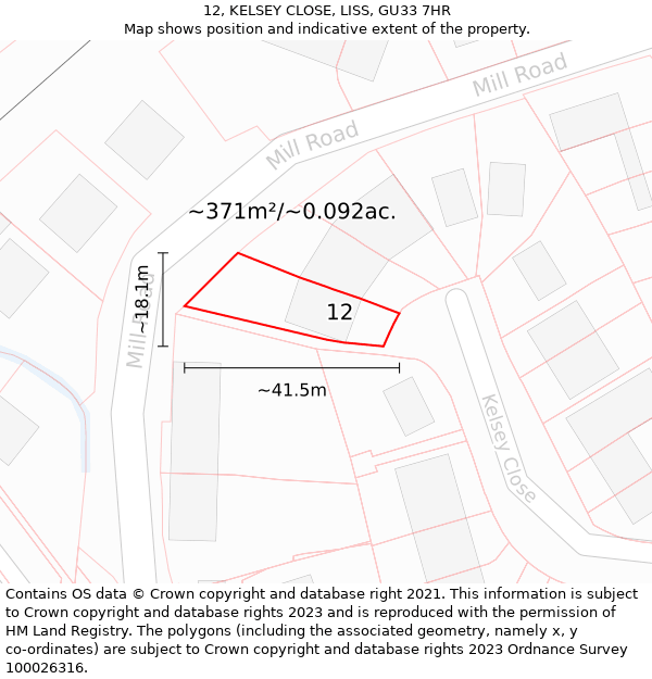 12, KELSEY CLOSE, LISS, GU33 7HR: Plot and title map