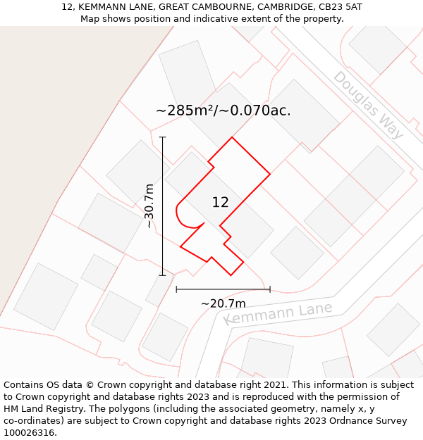 12, KEMMANN LANE, GREAT CAMBOURNE, CAMBRIDGE, CB23 5AT: Plot and title map