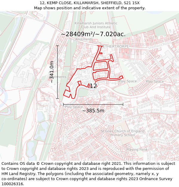 12, KEMP CLOSE, KILLAMARSH, SHEFFIELD, S21 1SX: Plot and title map