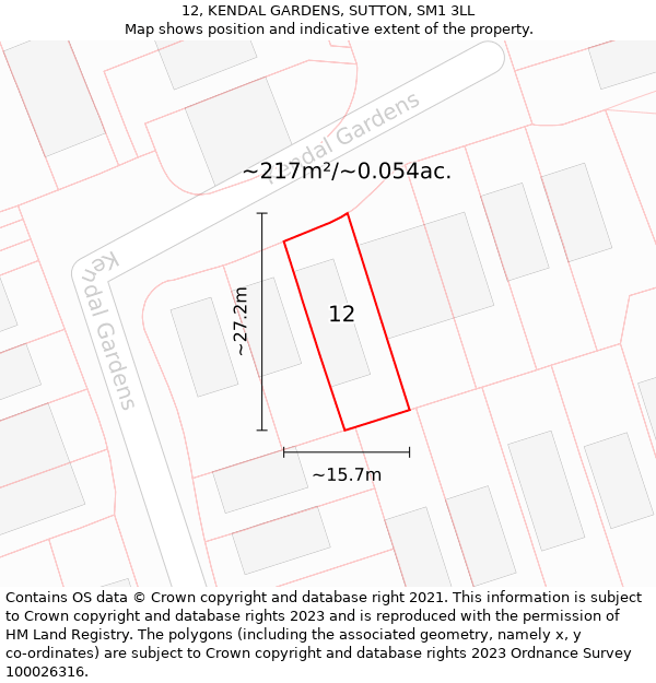 12, KENDAL GARDENS, SUTTON, SM1 3LL: Plot and title map