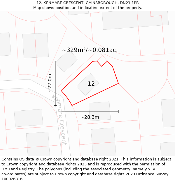 12, KENMARE CRESCENT, GAINSBOROUGH, DN21 1PR: Plot and title map