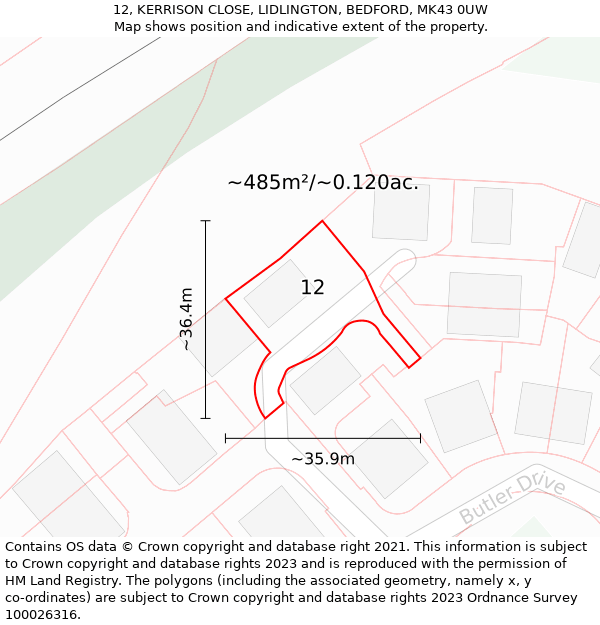 12, KERRISON CLOSE, LIDLINGTON, BEDFORD, MK43 0UW: Plot and title map