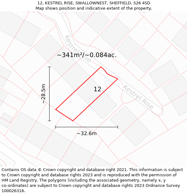 12, KESTREL RISE, SWALLOWNEST, SHEFFIELD, S26 4SD: Plot and title map