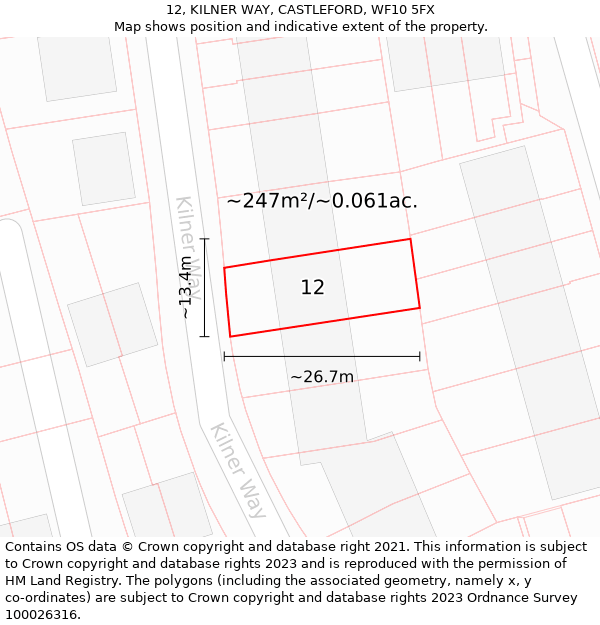 12, KILNER WAY, CASTLEFORD, WF10 5FX: Plot and title map