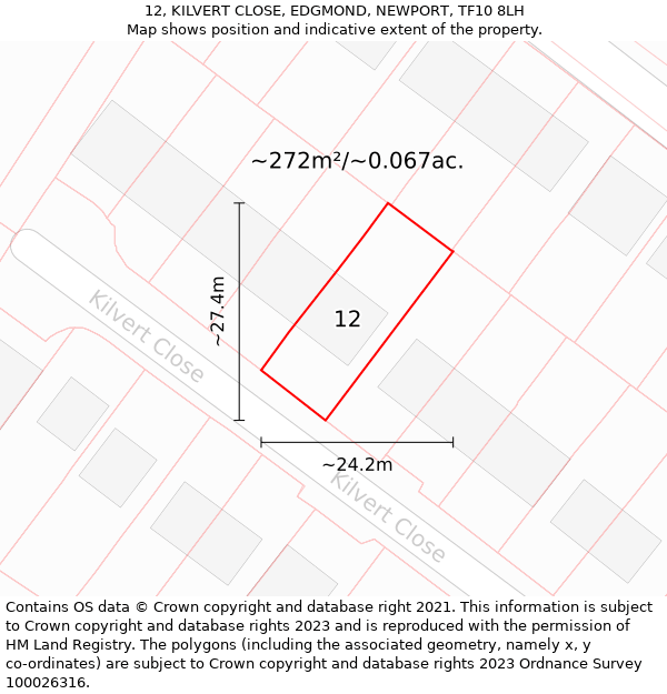 12, KILVERT CLOSE, EDGMOND, NEWPORT, TF10 8LH: Plot and title map