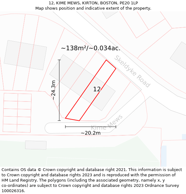 12, KIME MEWS, KIRTON, BOSTON, PE20 1LP: Plot and title map