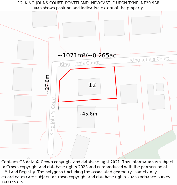 12, KING JOHNS COURT, PONTELAND, NEWCASTLE UPON TYNE, NE20 9AR: Plot and title map