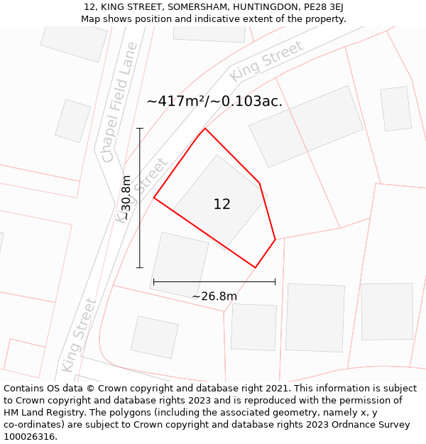 12, KING STREET, SOMERSHAM, HUNTINGDON, PE28 3EJ: Plot and title map