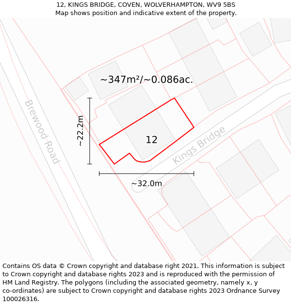 12, KINGS BRIDGE, COVEN, WOLVERHAMPTON, WV9 5BS: Plot and title map